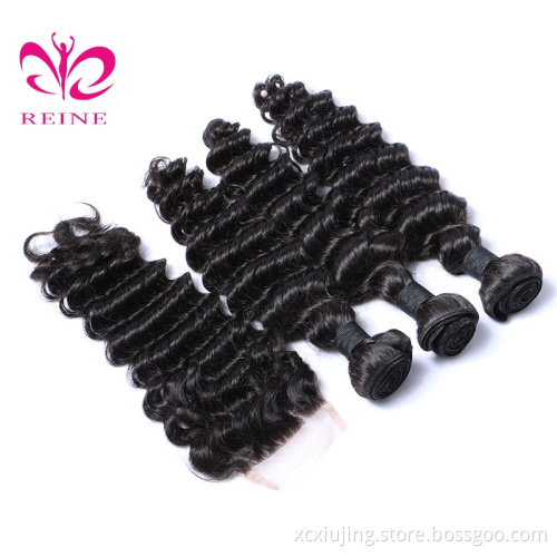 REINE Wholesale Human No Tangle No Shedding Malaysian Deep Wave Hair Bundles With Closure Remy Hair